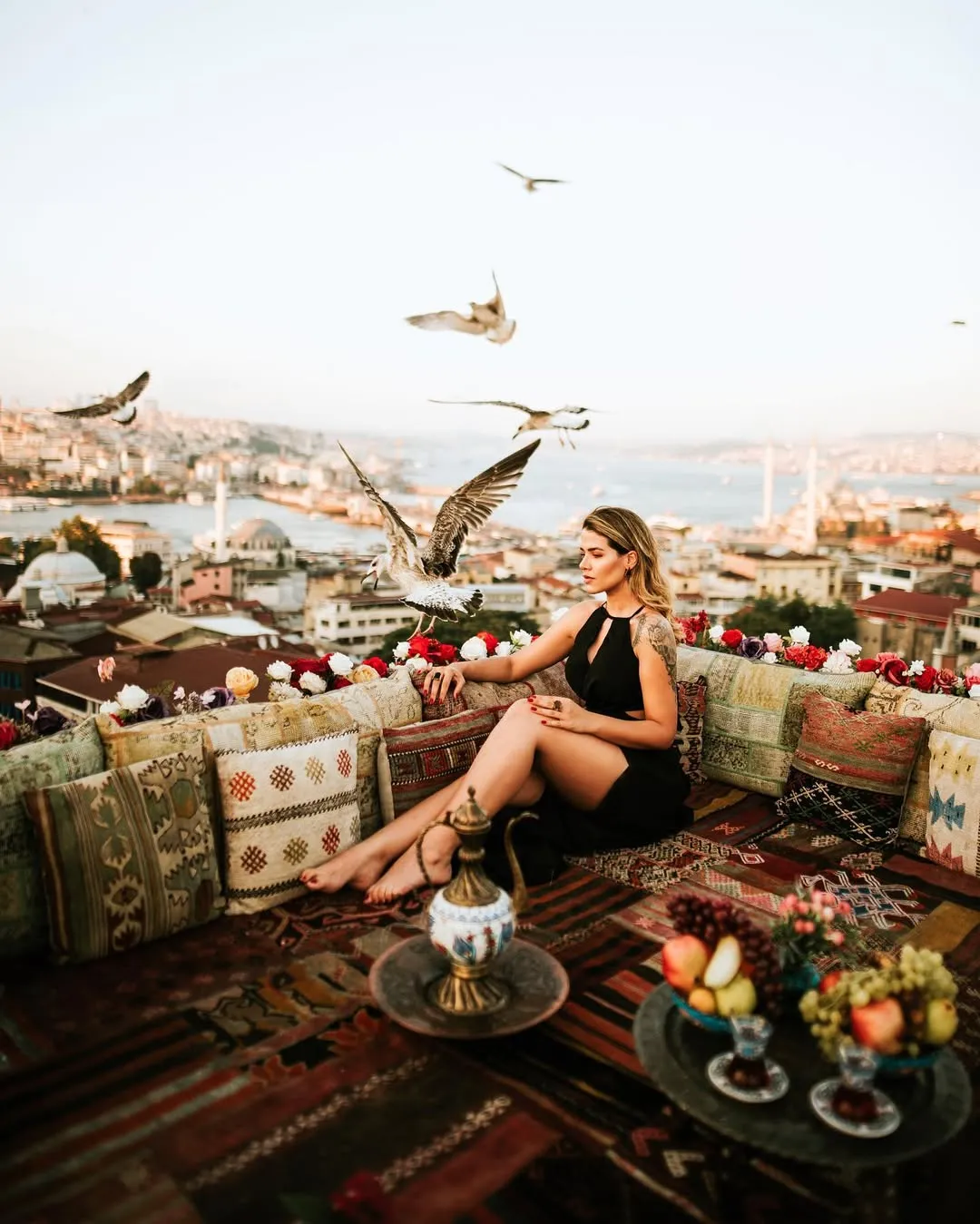 Couple rooftop photoshoot Istanbul Galata Tower view romantic session professional photographer